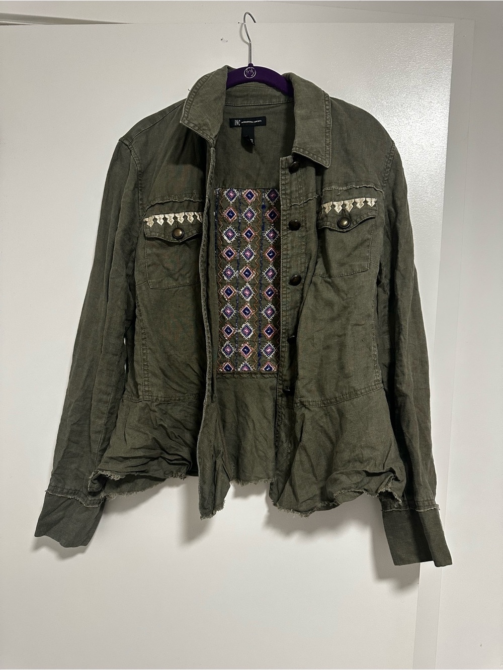 INC International Concepts Olive Green Embroidered Utility Jacket